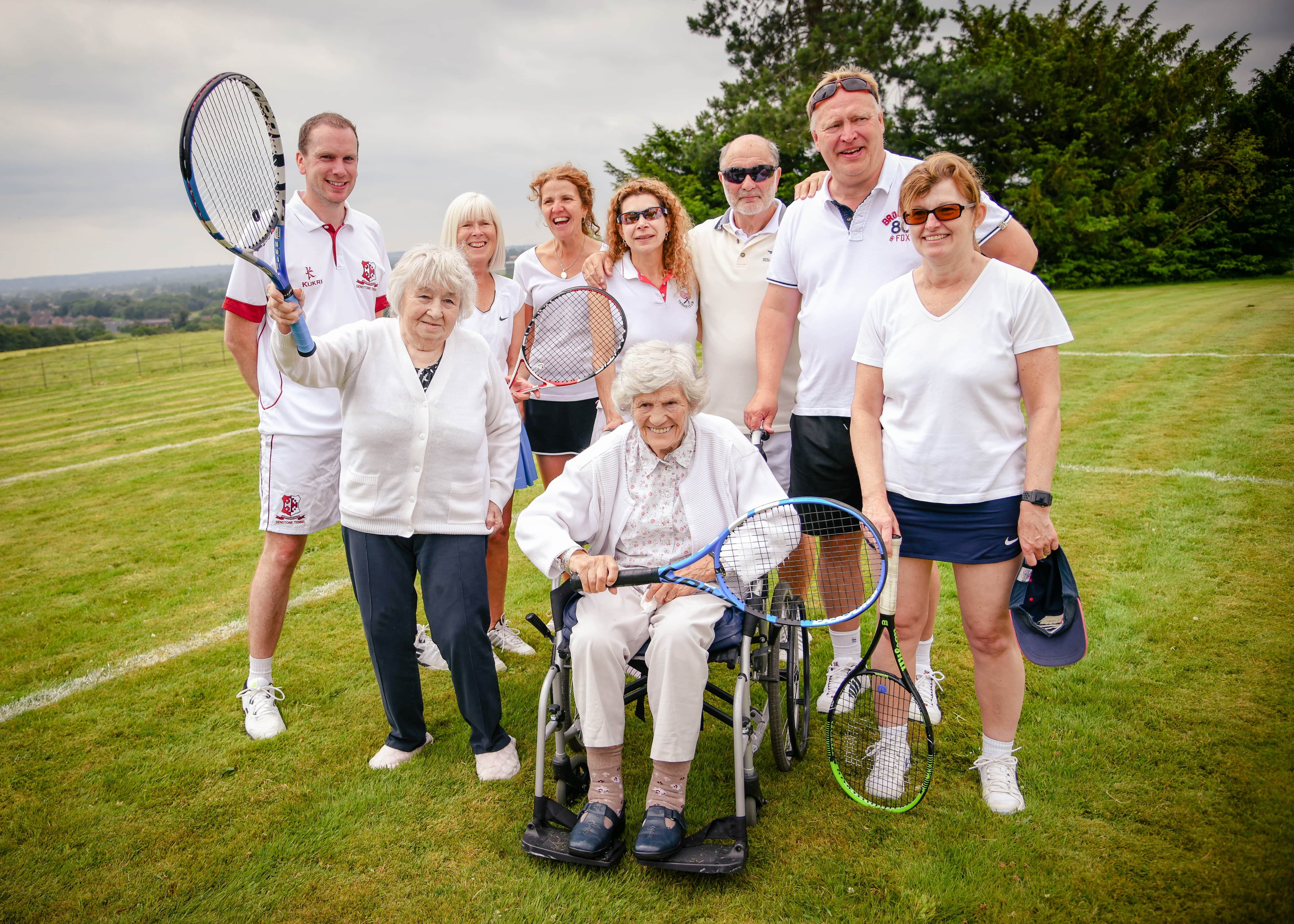 Image of members of Denstone Tennis Club with residents Betty and Jenifer